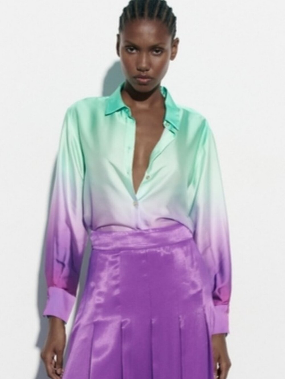 Zara Ombre Satin Button Up Long Sleeve Shirt Flowy Mint Blue to Purple XS